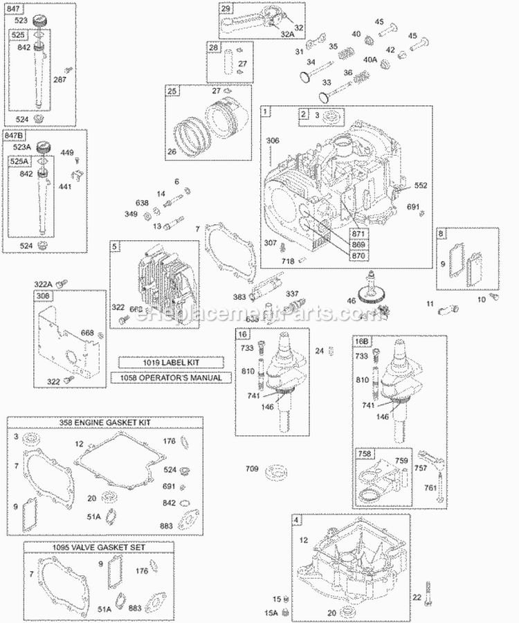 Cylinder Piston Oil Sump Cam Head Gasket Sets Diagram and Parts List for 283707-0118-02  Briggs and Stratton Engine